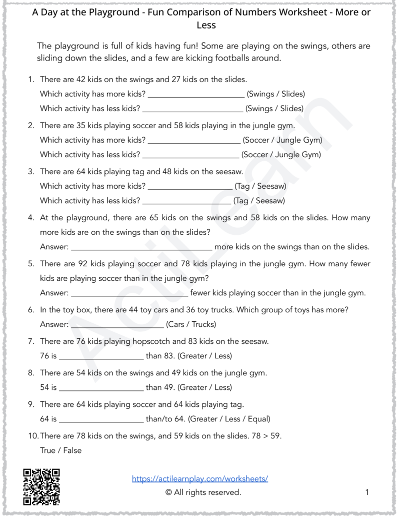 Free Printable Math More/Less Worksheet | Playground Activity