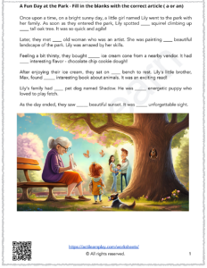 article a and an worksheet for grade 1