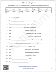 describing words activity sheet